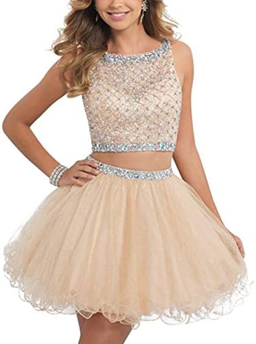 BlingblingDresses 2016 Two Pieces Short Juniors Homecoming Dress Sequins Crystal Prom Champagne Size 2