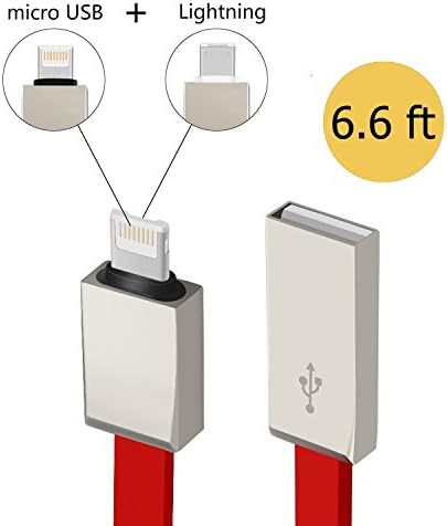 Micro USB and Lightning 2 in 1 Cable Data Transfer Charging Cord 3 Feet (Red 2M)