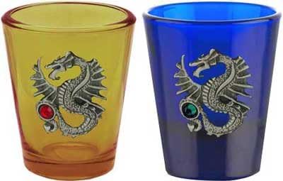 1.5oz 'Nicks Dragon' Colored Shot Glasses - Set of 2 (Amber and Blue)