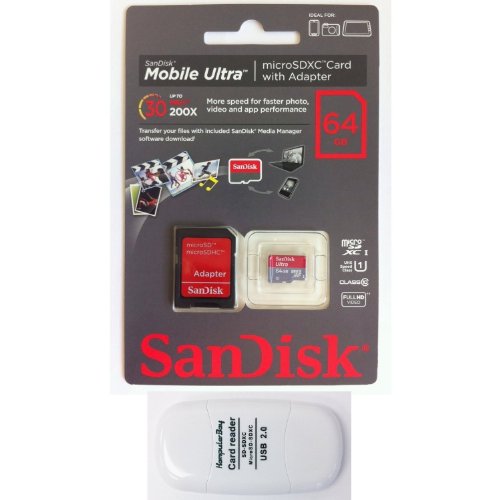 SanDisk 64GB Mobile Ultra MicroSDXC Class 10 UHS-1 30MB/s Memory Card with SD Adapter (NEW VERSION) - Retail Packaging with Komputerbay SDXC USB Reader