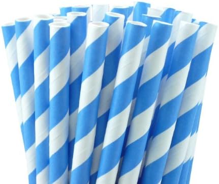 25 Paper Drinking Straws Blue Stripes 7.75" Retro Vintage Style Durable