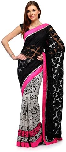 Fabroop Women's Net and Faux Chiffon Half Saree One Size Black and White