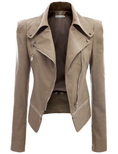 Womens-Zipper-Point-Simple-Leather-Jacket-BEIGE-USXL