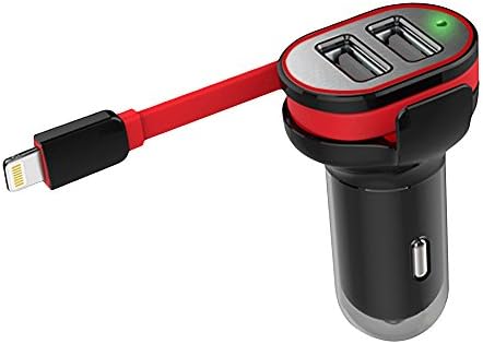 2 in 1 Funtional Car Charger with Dual Rapid USB Ports and Flat Lighting 8 Pin Charge Cable (Red)
