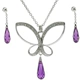Butterfly Sliver Necklace Earring Amethyst Glass Crystal CZ Diamonds Gift Set Bucasi