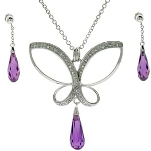 Butterfly Sliver Necklace Earring Amethyst Glass Crystal CZ Diamonds Gift Set... by