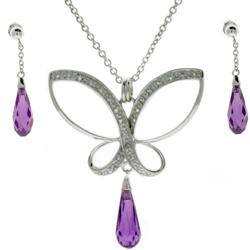 Butterfly Sliver Necklace Earring Amethyst Glass Crystal CZ Diamonds Gift Set Bucasi