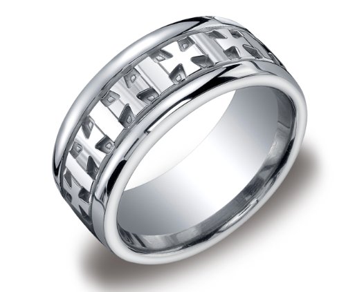 Mens Sterling Silver 10mm Comfort Fit Band with Highly Detailed Cross Pattern Ring, Size 9