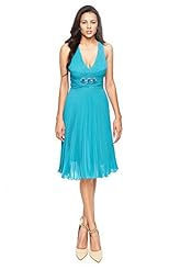 V-neck Halter Keyhole Jeweled Pleated Polyester Knee Length  Dress