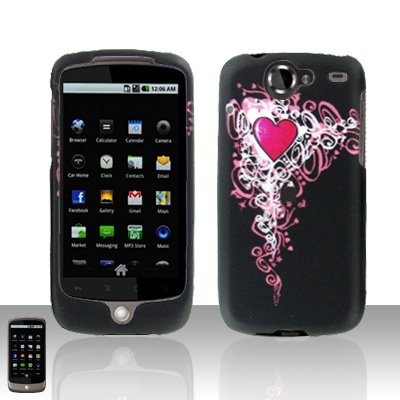 Black with Pink Vine Heart Gothic HTC Google Nexus One 1 Rubber Texture Snap on Cell Phone Case