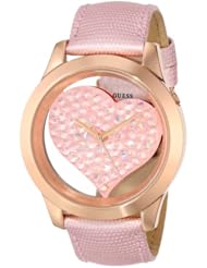 GUESS Womens U0113L5 Heart Inspired Pink Genuine Leather Watch with Rose Gold-Tone Case & Crystal Accents