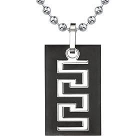 Personality and Distinction: Designer Inspired Titanium Gunmetal Finish Greek Key Dog Tag Pendant for Men on a Stainless Steel Ball Chain