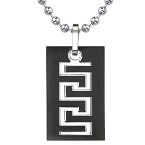 Personality and Distinction: Designer Inspired Titanium Gunmetal Finish Greek Key Dog Tag Pendant for Men on a Stainless Steel Ball Chain