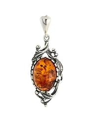 Sterling Silver Russian Baltic Amber Pendant w/ Leaves, w/ 14x10mm Oval-shaped Cabochon Cut Stone, 1 1/4" (31mm) tall