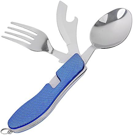4 In 1 Folding Camping Sets, Stainless Steel Detachable Tableware Cookware Portable Combination Fork Knife Spoon Bottle Opener and Key Ring for Outdoor Camping Hiking Picnic BBQ Fishing/Packed Lunch