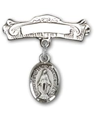 Sterling Silver Baby Badge with Miraculous Charm and Arched Polished Badge Pin