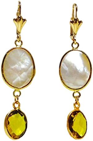 Mother of Pearl Yellow Citrine Crystal Gold Plate Dangle Earring