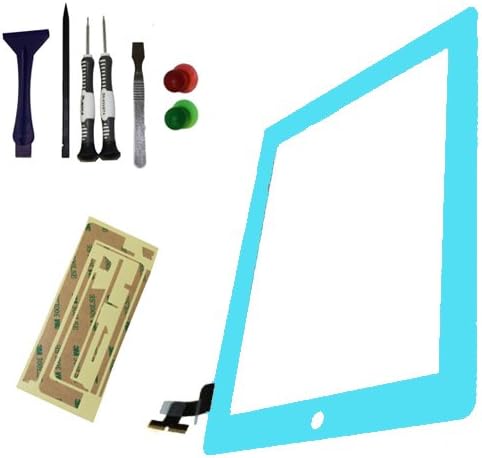YB Planet iPad 2 Digitizer Screen Replacement LIGHT BLUE + 3M Pre-Cut Adhesive + Metal Opening Pry Tool + Six Piece Complete Tool Set