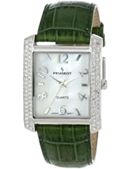 Peugeot Womens 325GR Silver-Tone Swarovski Crystal Accented Green Leather Strap Watch