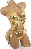 Sexy Deep Low Plunge Trendy Swimwear 2008 Style Monokini 1 One Piece Gold Lame Tie Side Swimsuit