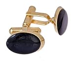 Gold plated sliced oval shape cufflinks with black accent with presentation box