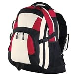 Upscale 100% Polyester Urban Backpack with MP3 Compartment - Red/Black/Stone