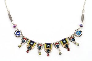 Adaya Tribal Style Necklace Set with Hand Painted Ornamented Square Links Crafted with Alpaca, Dangle Beads and Sparkling Swarovski Crystals; Handmade in Israel