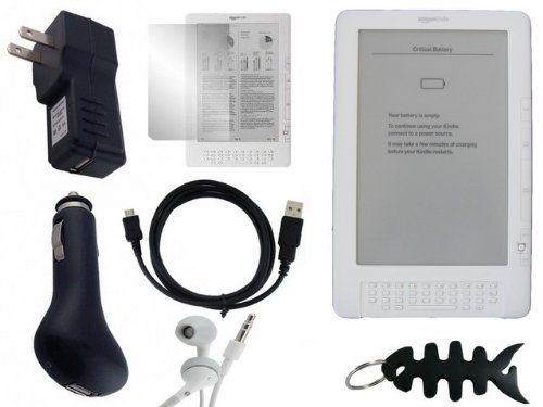 41f7DMywIkL Amazon Kindle DX Clear Silicone Skin Case Cover, w/ Screen Guard / Protector, USB 2in1 Sync and Charging Cable, USB Car Charger, USB Wall / Travel Charger, and 3.5mm White In Ear Stereo Headset Earphones / Headphones, and Fishbone Style Keychain