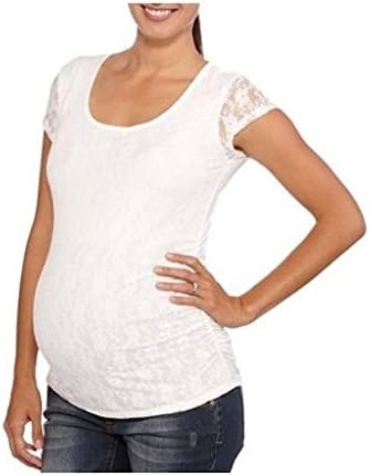 Planet Motherhood Maternity Short Sleeve Lace Top W/Side Ruching, White, Small