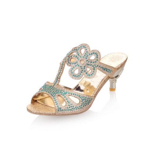 Carol Shoes Fashion Rhinestone Womens Mid Heel Peep Toe Sandals Slippers