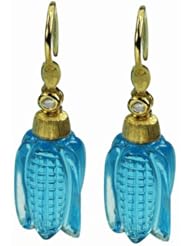 De Buman 18k Yellow Gold Genuine Swiss Blue Topaz and Diamond Earrings