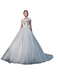 A-line Tulle Cap Sleeves Applique  Lace-Up Pleated Beaded Sequined Scoop Neck  Dress With Ruffles