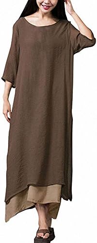 Cotton Linen Vintage Brown Dress Women Casual Loose Plus Size Long Dresses (XXL)