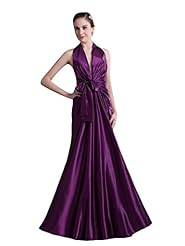 A-line V-neck Satin Halter Natural   Waistline Floor Length Lace Prom Dress  With a Sash 