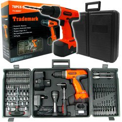 78 Pc 18 Volt Cordless Drill Set many extras. Product Category: Hardware > Power Tools” title=”enlarge” /></div>
<p></a></p>
<p>
78 Pc 18 Volt Cordless Drill Set many extras.
<p>This excellent Cordless Drill Set has nearly everything you need for almost any job all in one convenient durable carrying case! You won’t be caught off guard on any project with all the bits, sockets and drivers provided in this kit. The bits coupled with the powerful 18V drill and flashlight will allow you to complete nearly any project.
<p>Features include:
<p>Forward / Reverse
<p>Keyless chuck: 0.8-10mm
<p>Torque stage: 16+1
<p>No-load speed: 0-550 rpm
<p>Soft grip
<p>Convenient and durable carrying case
<p>Battery charger and AC adapter
<p>Slot driver bits (9): 3mm, 4mm, 4.5mm, 5mm, 5.5mm, 6mm, 6.5mm, 7mm, 8mm
<p>Phillips driver bits (8): PH0, PH1, PH2, PH3, PZ0, PZ1, PZ2, PZ3
<p>Torx driver bits (8): T10, T15, T20, T25, T27, T30, T35, T40
<p>Hex driver bits (8): H2, H2.5, H3, H3.5, H4, H5, H6, H8
<p>Sockets (18): 5mm (2), 6mm (2), 7mm (2), 8mm (2), 9mm (2), 10mm (2), 11mm (2), 12mm (2), 13mm (2)
<p>Socket wrench
<p>Quick change chuck
<p>Spade drill: 13mm, 16mm
<p>Spur point drill bits (10): 3mm (2), 4mm (2), 5mm (2), 6mm (2), 8mm (2)
<p>Twist drill bits (10): 2mm, 2.5mm, 3mm, 3.5mm, 4mm, 4.5mm, 5mm, 5.5mm, 6mm, 6.5mm
<p>Flashlight (requires two AA batteries, not included)
<p>Includes retail packaging</p>
<ul>
<li>78 Pc 18 Volt Cordless Drill Set many extras</li>
</ul>
<h3>78 Pc 18 Volt Cordless Drill Set many extras. Product Category: Hardware > Power Tools</h3>
<div id=