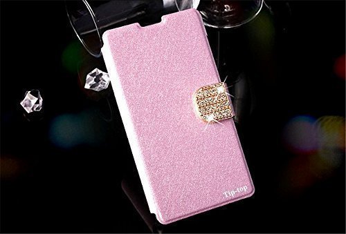 HIGERÂ® Huawei Ascend Mate 2 Leather Case, Luxury Crystal Bling Case Silk Folio Pu Leather Flip Ack Case Cover for Huawei Ascend Mate 2 Mate II 4G (Romantic Pink)