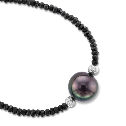 Black Tahitian Pearl Necklace Pendant 11.00-11.50mm with 18k Gold Diamond Cut Beads - Made in Japan