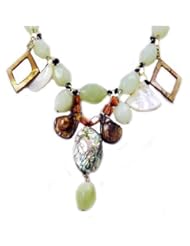 Candygem 20 Inch Abalone Shell, Seashell, Mother of Freshwater Cultured Pearl & Simulated Green Jade Nugget Necklace By Nicolette Bermans Love of Nature Collection.