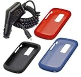 4 Pieces Value Combo of Black, Dark Red and Dark Blue Silicone Skin Cover Case with Car Charger for Blackberry BOLD 9000