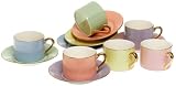 Yedi Houseware Classic Coffee and Tea Solid Teacups and Saucers, Assorted Pastel/Gold , Set of 6