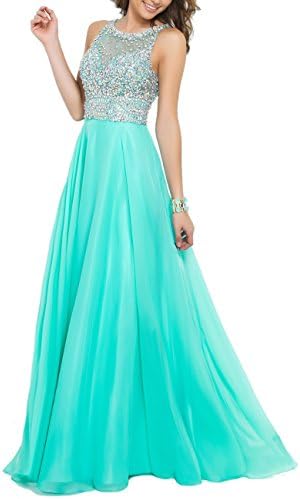 Dreamprom Chiffon Long Prom Dresses 2015 with High Neck & Fully Beaded Mesh Bodice (Mint Green, US2)