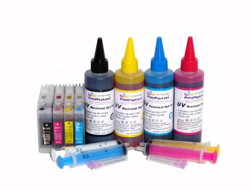 PrintPayLess® Brand Refillable Ink Cartridge for Brother LC71 / LC75 / LC79(nonOEM): MFC-825DW, MFC-J835DW, MFC-J5910DW, + 400ml PrintPayLess® Brand Anti-UV Bulk Refill Ink Specially Formulated for Brother: Cyan, Black, Magenta, and Yellow; + 4 Color Syringes: Cyan, White, Magenta, and Yellow for Ink Refill