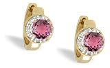14K Yellow Gold Genuine Round Pink Tourmaline and Diamond Huggy Earrings