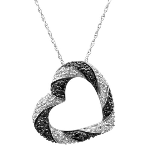 10k White Gold Black and White Diamond Pave Twist Heart Pendant (1/4 cttw), 18″