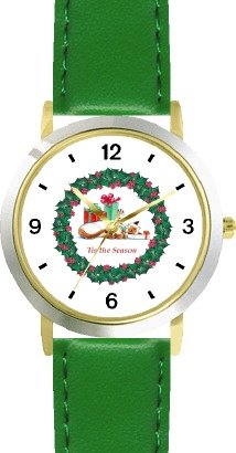 Siamese Cat Under Christmas Tree with Presents or Gifts in Christmas Wreath - JP - WATCHBUDDY® DELUXE TWO-TONE THEME WATCH - Arabic Numbers - Green Leather Strap-Size-Women's Size-Small