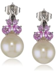10K White Gold 8.5 - 9 mm Freshwater Cultured Pearl and Black (0.02 cttw, I2-I3 Clarity) Diamond Earrings