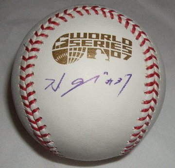 Hideki Okajima Autographed 2007 World Series Baseball W/PROOF, Picture of Hideki Signing For Us, Boston Red Sox, World Series Champions