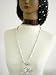 Sn66, Hand Crocheted Black Gimp Large Snood Trimmed with Sparkling Rhinestones for Women in Combination with Sterling Silver Long Chain Necklace with New York Yankee Pendant