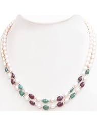 2 Strands Natural Beautiful Cabochon Emerald, Ruby & Fresh Water Pearl Beaded Necklace