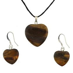 Tiger Eye Heart Pendant and Earring Set - Pendant 22mm, Earrings 15mm - Adjustable Cord Necklace